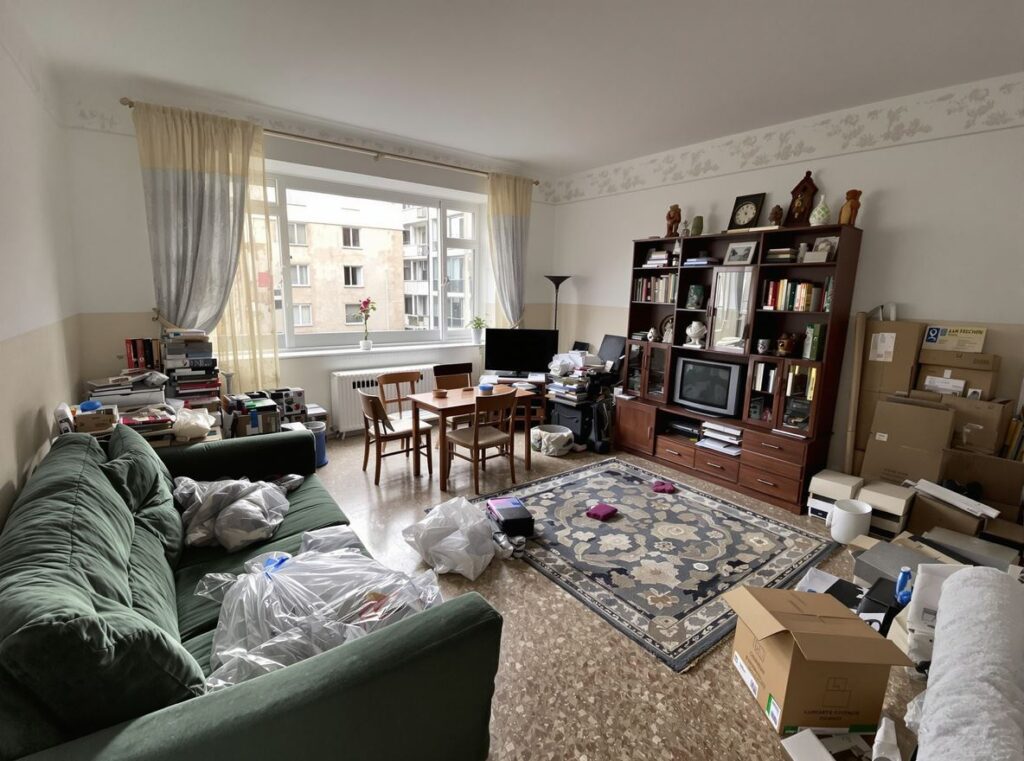 Séjour d'un appartement de Vénissieux rempli de meubles et de sacs, avant le débarras