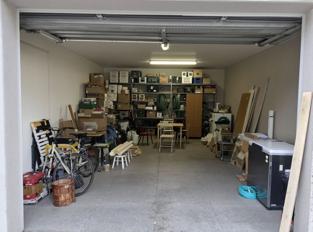 Garage plein d'un pavillon du Moulin à Vent, à Vénissieux, avant un débarras de maison