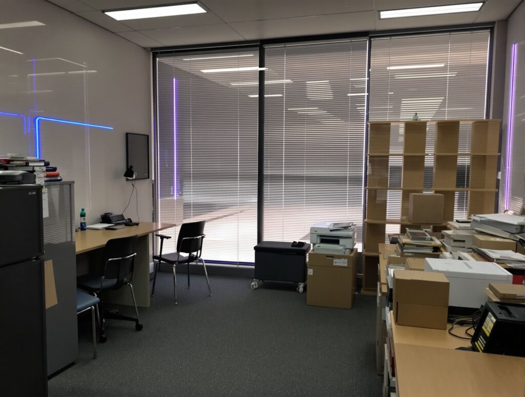 Local commercial de Vénissieux avec bureaux et étagères à vider lors d'un débarras professionnel
