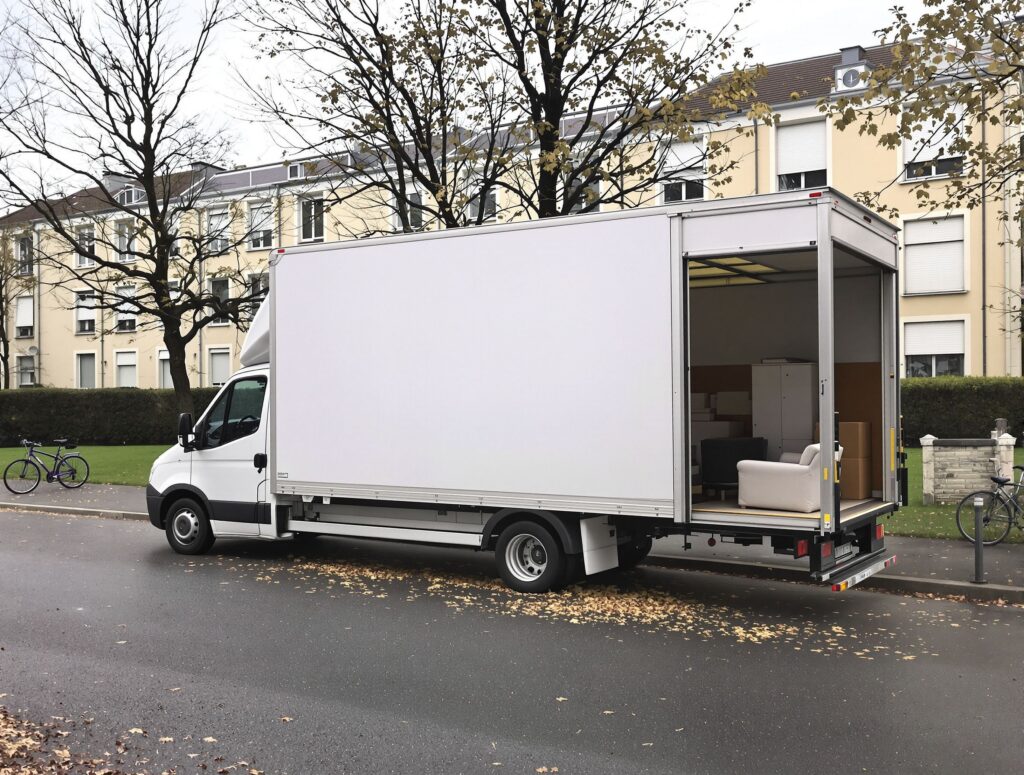 Camion de Parilly Débarras, hayon baissé, chargé de meubles devant une résidence de Vénissieux